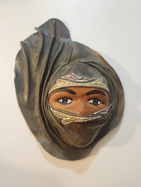 Handcrafted Leather Wall Mask with Veiled Face in Brown
